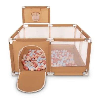 Afbeelding van Selonis Kinderbox met Mand en 200 Ballen, Beige:Pastel Beige/Pastelblauw/Zalmkleuren
