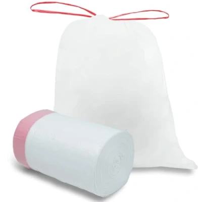 Afbeelding van O2frepak Lot de 100 grands sacs poubelle cuisine, avec cordon serrage, 65 l, résistants, neutres au goût, solides et blancs (60 x 80 cm)