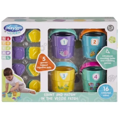 Afbeelding van Playgro Tel en Mix groente speel emmertjes Count and Match in The Vaggie Patch
