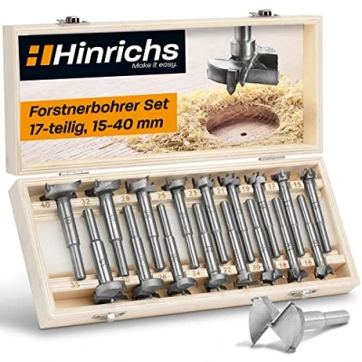 Afbeelding van Hinrichs Bosboorset 17 delig in houten koffer Forstner boorset 15 tot 40 mm Bosboren Freesboorset houtboren Gatboren voor takken
