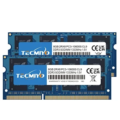 Afbeelding van TECMIYO 16 GB Kit (2 x 8 GB) DDR3 1333 MHz PC3 10600S Unbuffered Non ECC 1,5 V CL9 2Rx8 Dual Rank 204 Pin SODIMM Laptop RAM Module Upgrade (16 GB))