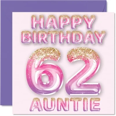 Afbeelding van Verjaardagskaart voor tante 62 jaar, roze en paarse glitterballonnen, verjaardagskaarten jarige van neef nichtje, 145 mm x