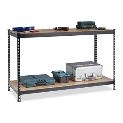 Afbeelding van Relaxdays Werkbank, 2 werkbladen, verstelbaar, h x b d 60 cm, werktafel voor werkplaats, staal, zwart, 92 150 cm