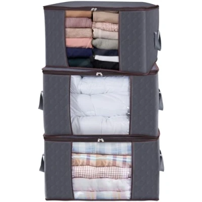 Afbeelding van Lifewit Set van 3 grote opbergzakken voor kleding, dekbedden, beddengoed, dekens, onder het bed dikke ademende stof met robuuste ritssluiting, transparant venster, 90 l