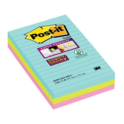 Afbeelding van Post it Super Sticky Notes XXL Cosmic, 90 vel, ft 101 X 152 mm, gelijnd, geassorteerde kleuren, pak van 3 memoblok
