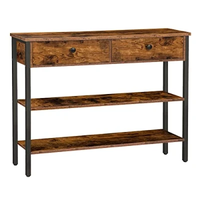 Afbeelding van HOOBRO Meubelconsole, consoletafel, haltafel met 2 laden, bijzettafel niveaus, bankpunt stabiel frame, voor entree, woonkamer, industriële stijl, rustiek bruin EBF32XG01