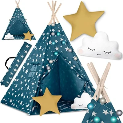 Afbeelding van Nukido Babytent Tipi van katoen, houten frame, charmant design, gemakkelijk te reinigen, 120 x 165 cm, blauwe verlichting, 740121