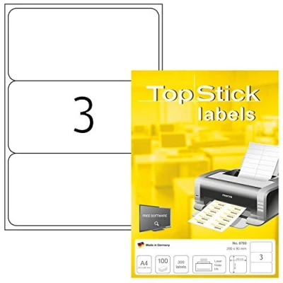 Afbeelding van TopStick 8793 Universele etiketten A4 groot (200 x 95 mm, 1000 vellen, papier, mat) zelfklevend, bedrukbaar, permanent klevend adresstickers, 3000 zelfklevende etiketten, wit