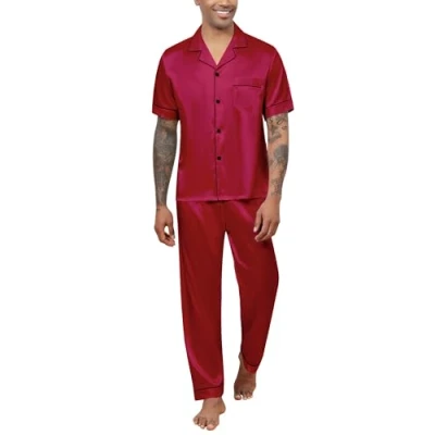Afbeelding van ReliWel Herenpyjama, zijde, heren, satijn, korte mouwen, met knopen, zomer, tweedelige pyjama, klassiek, Wit