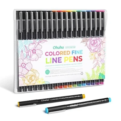 Afbeelding van Ohuhu Set van 18 0,45 mm fineliner en 7 zwarte micropennen in verschillende maten, geen gladde inktvlekken voor schrijven, tekenen, schetsen, beginnende kunstenaars