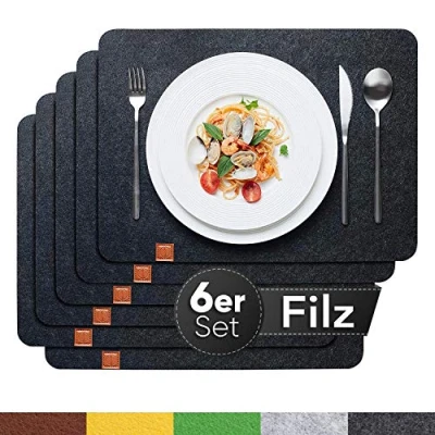 Afbeelding van Sidorenko Noble placemat van vilt 6 stuks set antraciet veegbare onderzetter 44x32cm afwasbare tafelmat grijze mat