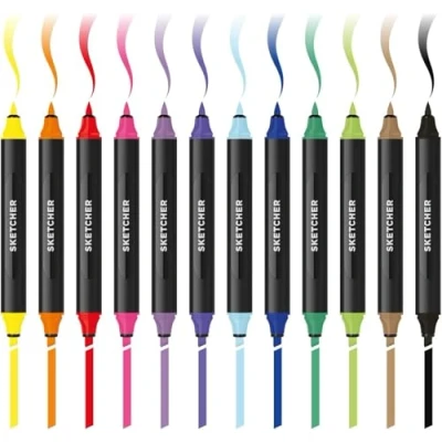 Afbeelding van Molotow Sketcher Twin Marker Main Kit 1 (penseelpunt en wigpunt 3 mm, Aqua Pro Color Intensieve inkt, sneldrogend, voor gebruik op papier), 12 pennen, meerkleurig