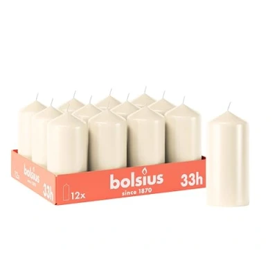 Afbeelding van Bolsius 12 stuks gladde stompkaarsen, ivoorkleurig, x 7 cm, decoratieve kaarsen voor thuis, brandduur 33 uur, geurvrij, bevat natuurlijke plantaardige was, zonder geur
