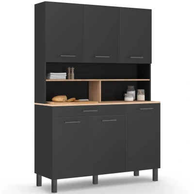 Afbeelding van Buffet de cuisine 120 CM CINA 6 portes + tiroir noir et plateaux façon hêtre