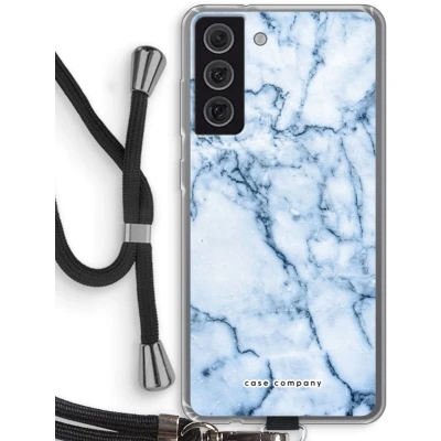Afbeelding van Case Company® hoesje met Koord geschikt voor Samsung Galaxy S21 FE Blauw marmer Telefoonhoesje Zwart Bescherming aan alle Kanten en Over de Schermrand