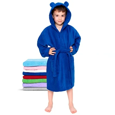 Afbeelding van Twinzen: badjas voor kinderen, van katoen, meisjes en jongens, 100% katoen Oeko Tex® zonder chemische producten, 2 zakken, riem, capuchon met oren, Navy Blauw