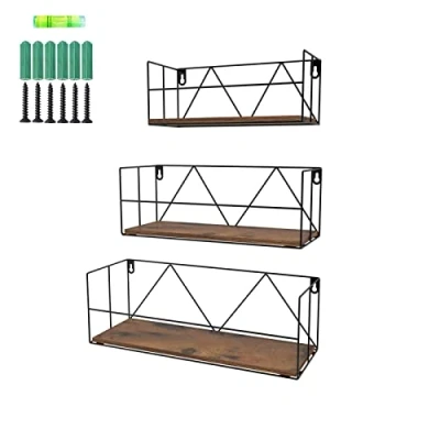 Afbeelding van EYMPEU Wandrek, 3 delige set, zwevende planken, moderne wandplank, wandgemonteerde rustieke opbergplanken met metalen draad, display, woondecoratie voor badkamer