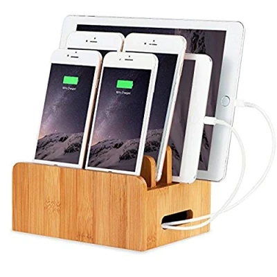Afbeelding van Bamboe Houten Bureau Koorden Multi Apparaat Houder Organizer en Oplaadstation Oplader Docks Wieghouder voor iPhone iPad Samsung Huawei OnePlus LG Sony Smartphones Tablets