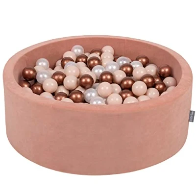 Afbeelding van KiddyMoon Velours ballenbad, 90 x 30 cm, 300 ballen met een diameter van 7 voor baby&#039;s, rond, gemaakt in de EU, zandroze: pastelbeige / koper parel
