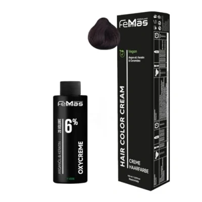 Afbeelding van Femmas Haarkleurset donkerbruin rood 3.6 I Hair Color Cream 100 ml + oxycrème 6% permanente haarkleur ontwikkelaar zacht en duurzaam salon haarverf voor