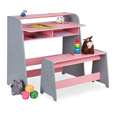 Afbeelding van Relaxdays kindertafel met bankje verstelbare knutseltafel opbergruimte kinderbank