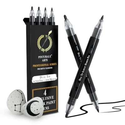 Afbeelding van Pinturale Arts Marqueur acrylique noir Set de 4 marqueurs acryliques noirs double pointe (0,7 mm et 3 mm) pour peindre des pierres, métal, céramique, bois