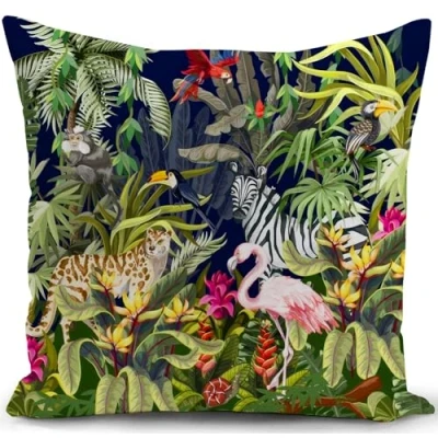 Afbeelding van KUNQIAN Groene tropische dieren decoratieve kussenhoes Luipaard flamingo zebra patroon woondecoratie 45 x cm