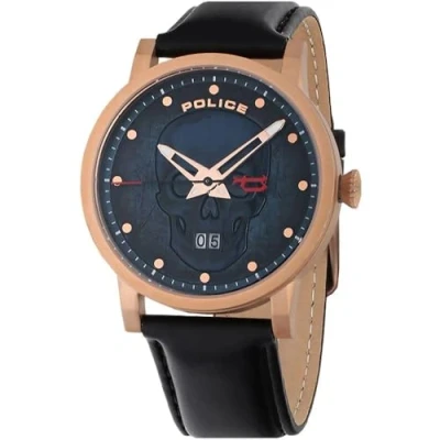 Afbeelding van Police Zwart Leren Horloge met Blauwe Wijzerplaat en Datum