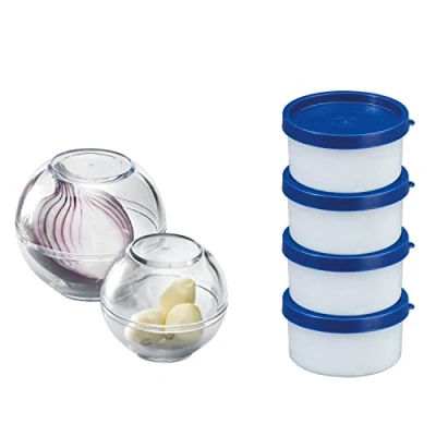 Afbeelding van Westmark 6 delige set, 2 voorraadballen met een diameter van 7 cm / Ø 9 + 4 kruidenbakken elk 100 ml, stapelbaar, kunststof, BPA vrij, blauw/transparant, 257222E6