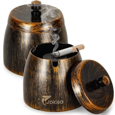 Afbeelding van asbak voor buiten (2 stuks), retro van roestvrij staal met deksel binnen en buiten, windasbak antislip onderkant bar balkon (S)