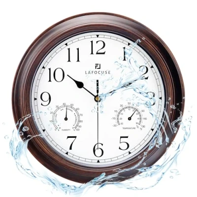 Afbeelding van Lafocuse Wandklok met thermometer en hygrometer, vintage, wandklok, kwarts, bruin, rood, stil, voor woonkamer, keuken, 30 cm