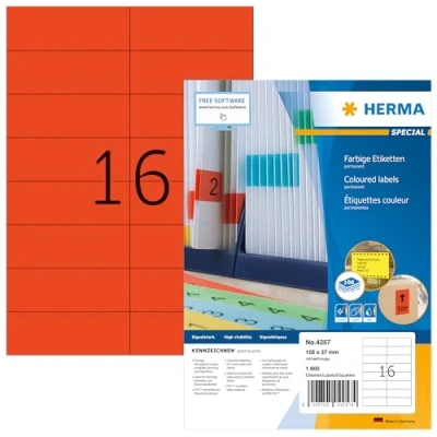 Afbeelding van HERMA 4257 rode gekleurde etiketten, 1400 vellen, 105 x 37 mm, 16 per A4 vel, 22400 stuks, zelfklevend, bedrukbaar, mat, blanco