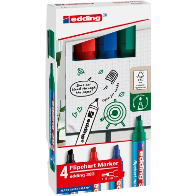 Afbeelding van edding 383 flipchart marker set met 4 kleuren zwart, rood, blauw, groen beitel punt 1 5 mm geschikt voor alle soorten vellen papier navulbaar cap off technologie drukt niet door