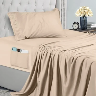 Afbeelding van Utopia Bedding geborduurd beddengoed, 3 delig (90 x 190 cm, beige) eenpersoonsbeddengoed, polyester microvezel, hoeslaken met opbergzakken, laken en 1 kussensloop,