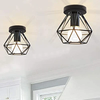 Afbeelding van iDEGU industriële plafondlamp van metaal, vierkant, 16 cm, lampenkap, E27, 40 W, zwart, voor woonkamer, slaapkamer en bar (mini diamant B), 2 stuks