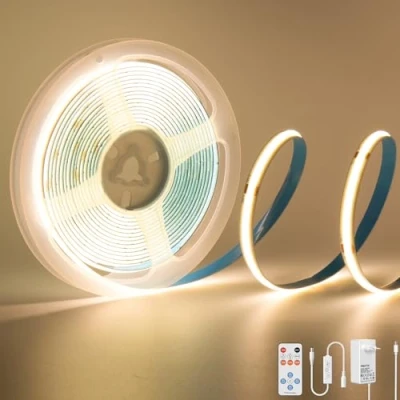 Afbeelding van PAUTIX Ledstrip, COB, warmwit, 3000 K, 3 m, 1440 leds, 24 V, CRI90+, COB lichtstrip, dimbaar, met RF afstandsbediening en voeding, led, voor spiegel, plafond, keuken, kast, kast