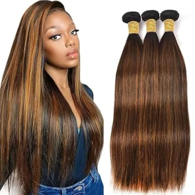Afbeelding van Tuheerst Brown Human Hair Bundles Straight P430 Highlight Real 100% Unprocessed Brazilian Virgin 100g/PC 300g Total No Smell Tangle for Woman 3 14 Inches