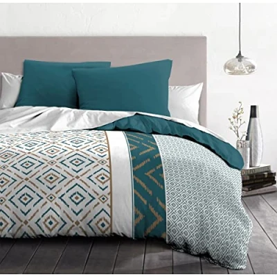 Image de Parure de couette Microfibre ETHNO 220x240cm et 2 taies doreillers 63x63cm Bleu Canard