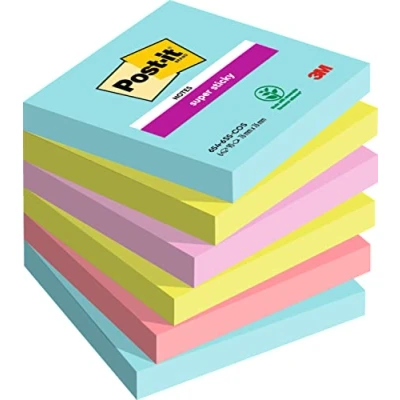 Image de Post It Notes Super Sticky, Couleurs Cosmic, 76mm x76mm, 90feuilles/bloc, 6 blocs/paquet