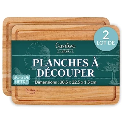 Afbeelding van Creative Home Houten snijplank 30,5 x 22,5 cm Set van 2 Snijplanken met Sapgroef Natuurlijk Beukenhout Omkeerbaar Keuken