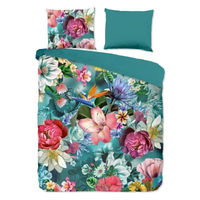 Afbeelding van Good Morning Dekbedovertrek &quot;bloemen&quot; Petrol (240x200/220 cm) Katoen