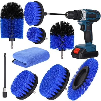 Afbeelding van Borstel voor boormachine, 8 stuks, reinigingsborstel, roterende borstel, elektrische reiniging, badkamer, douche, toilet, tegels, blauw