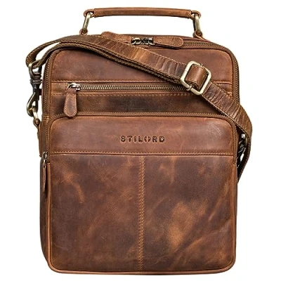 Afbeelding van STILORD Joe Modieuze Schoudertas van echt leer voor heren, Medium Bruin,