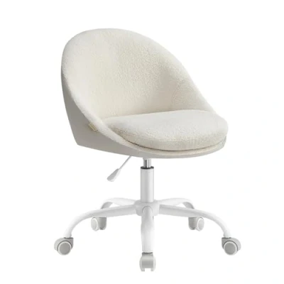 Afbeelding van SONGMICS Bureaustoel, draaistoel van pluche en PU, comfortabele zitting, schuimvulling, in hoogte verstelbaar, voor kantoor, slaapkamer, cappuccinobeige wolkenwit OBG020W01