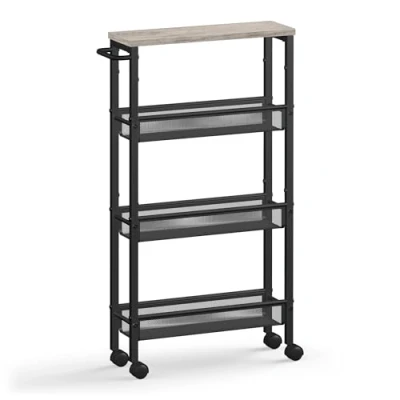 Afbeelding van VASAGLE LRC032K01 Keukenwagen met 4 niveaus, nisrek op wielen, staal, handvat, voor kleine ruimtes, 13 x 45,5 77 cm, keuken, badkamer, woonkamer, kantoor, grijs zwart gemêleerd
