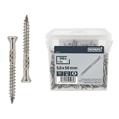 Afbeelding van HELPMATE Roestvrije roestvrijstalen schroeven A2 voor terrasbouw 5,0X 50 500 St Dielenschroeven + 2 T25 Bits T Star Plus, Fräsrippen, Senkkopf, Cut Spitze Torx buiten, zilver