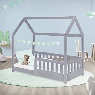 Afbeelding van Kinderbed huisbed 70x140 cm lichtgrijs gemaakt van dennenhout met uitvalbeschermend dak en lattenbodem houten bed ML design