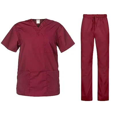 Afbeelding van B well Cesare Medisch uniform, uniseks, set: Top en broek + medische blouse voor dames/heren professionele verzorgingsonderhoud, rood, 3XL