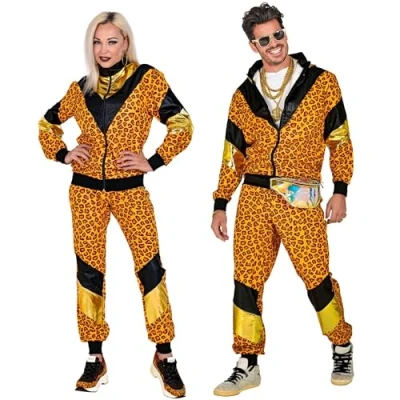 Afbeelding van W WIDMANN MILANO Party Fashion Trainingspak uit de jaren 80 luipaard, jas en broek, dierenprint, party, joggen, retrostijl, badkamerknoopfeest, carnaval