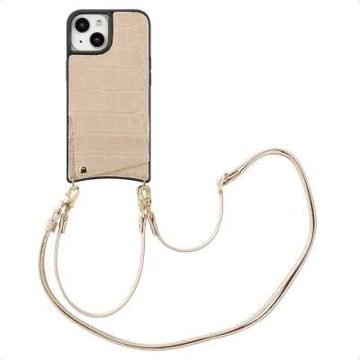 Afbeelding van Selencia Hoesje Geschikt voor iPhone 15 met Pasjeshouder Nova Croco Backcover koord en pashouder Beige